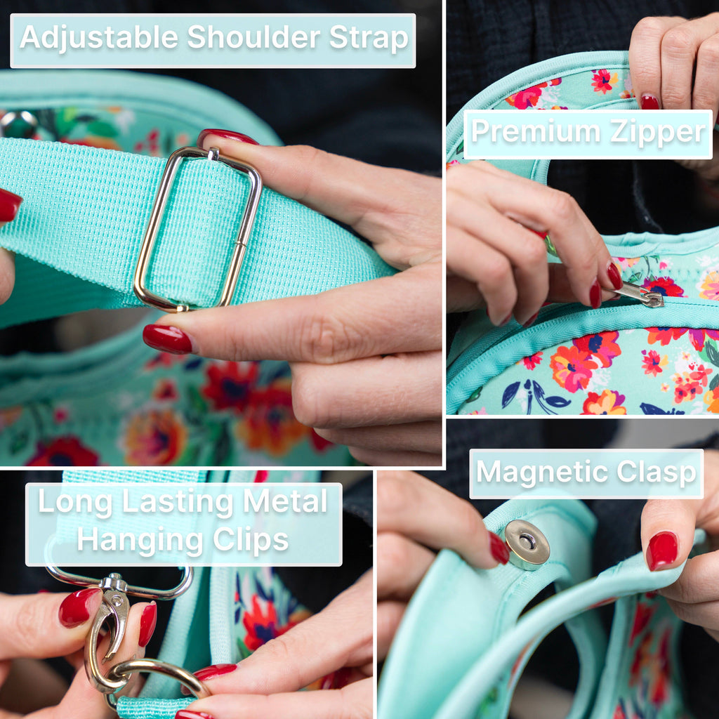 Collage of a turquoise floral bag with adjustable strap, premium zipper, long-lasting metal hanging clips, and magnetic clasp.