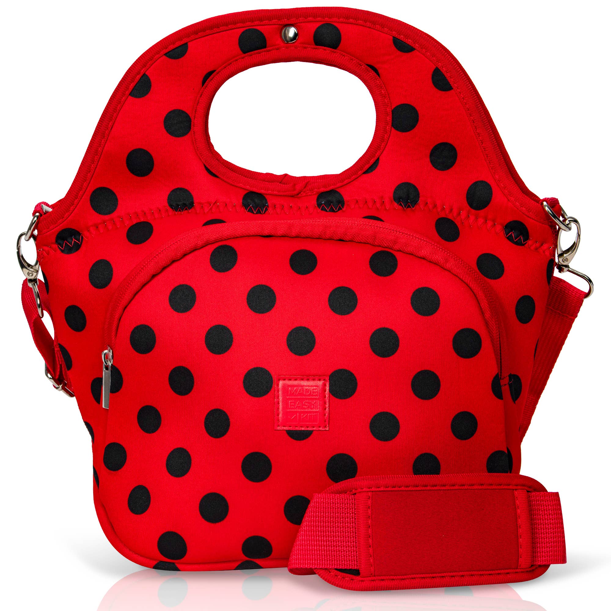 Red bag with black polka dots and red strap