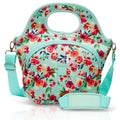 Floral patterned bag with a strap on a mint green background
