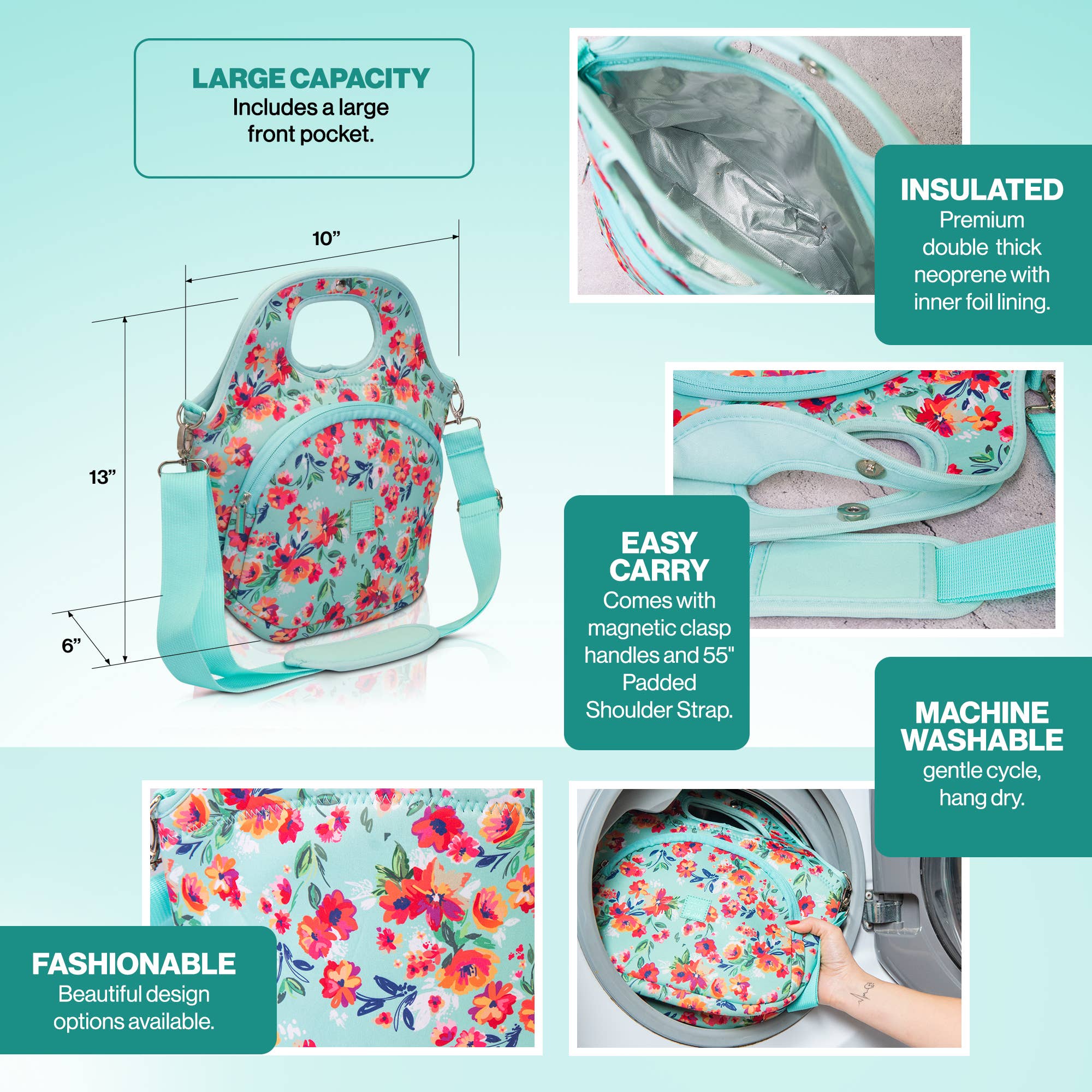 Floral insulated lunch bag with features highlighted on a light blue background