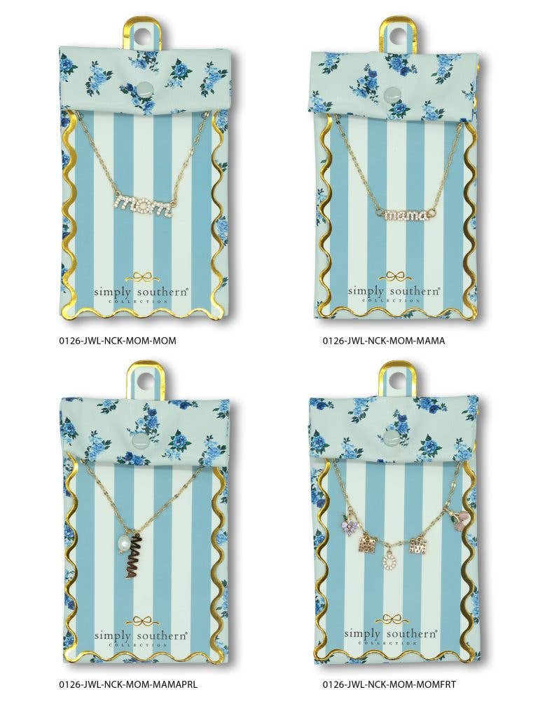 Set of four Simply Southern necklaces in packaging with floral and striped designs.