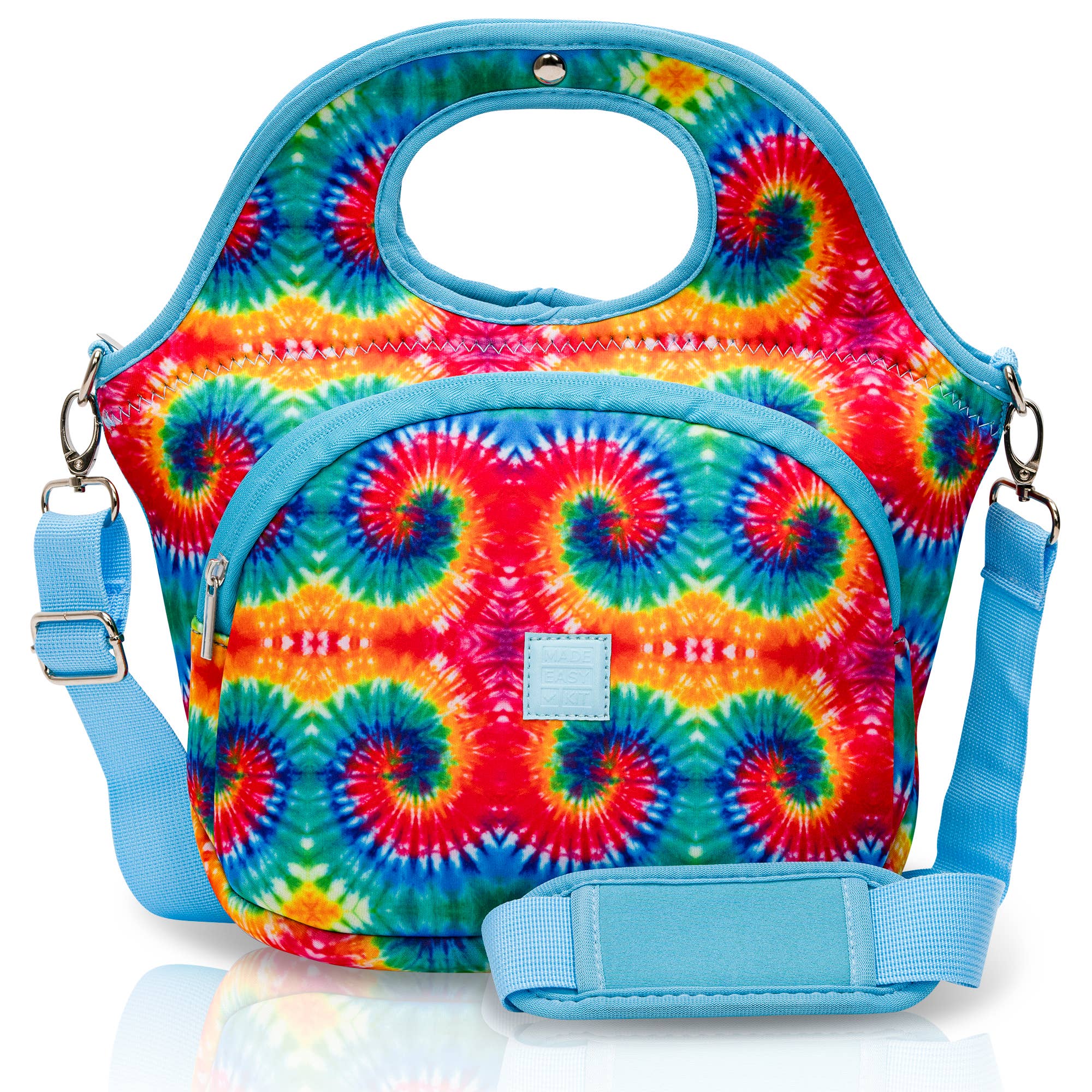 Colorful tie-dye bag with blue straps on a blue background